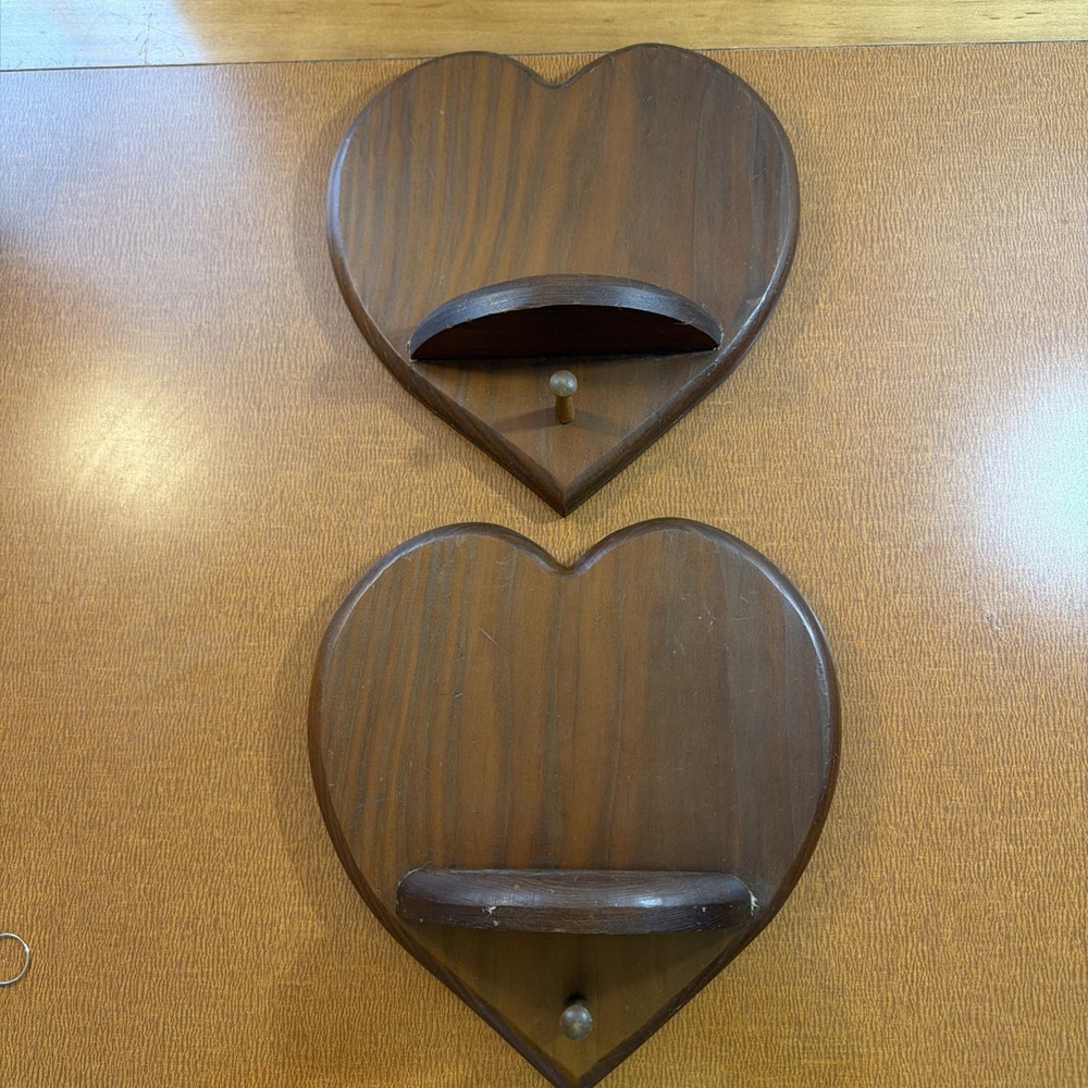 Set 2 Vtg Solid Wood Heart Wall Shelves W/Peg Grandmacore CottageCore 9" By 10"